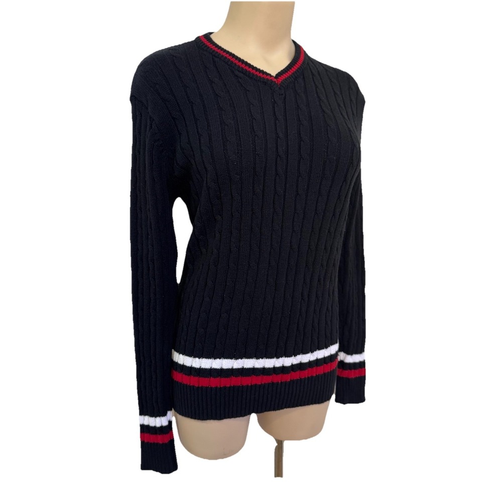 Vtg Cable Knit Varsity Sweater Black Vneck Preppy Tennis Jones New‎ York Kids